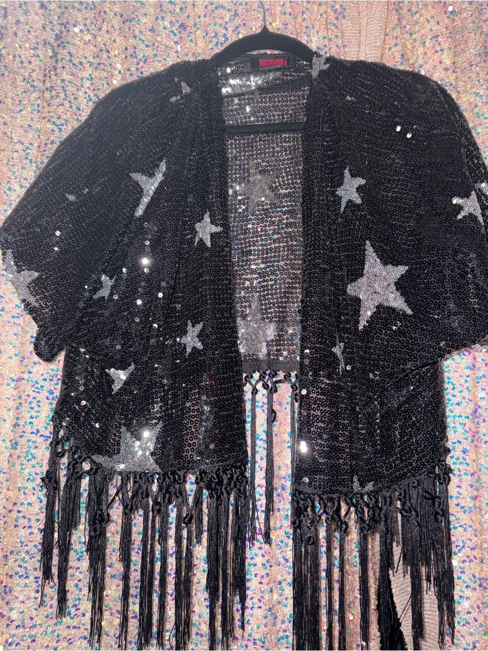 Sequin Star Fringe Crop Top - Black